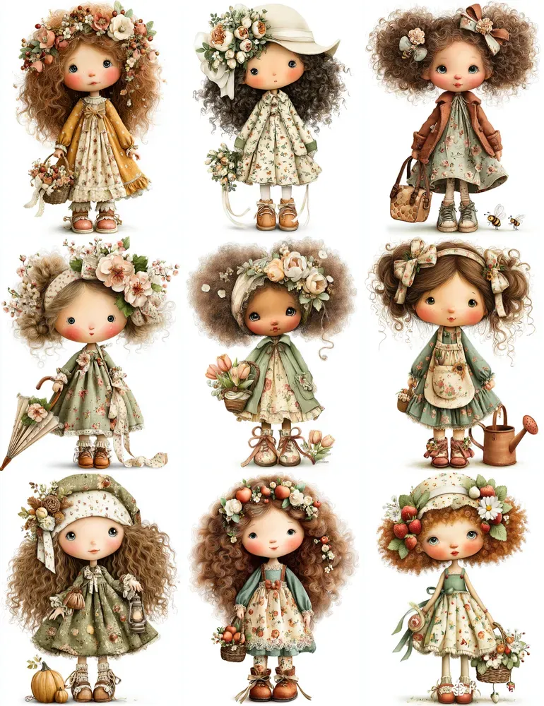 Whimsical Cottagecore Girl Doll Cliparts