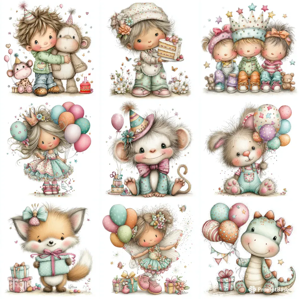Happy Birthday Characters Clipart Cards