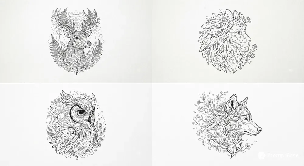 Black Ink Line Art Animal Tattoos