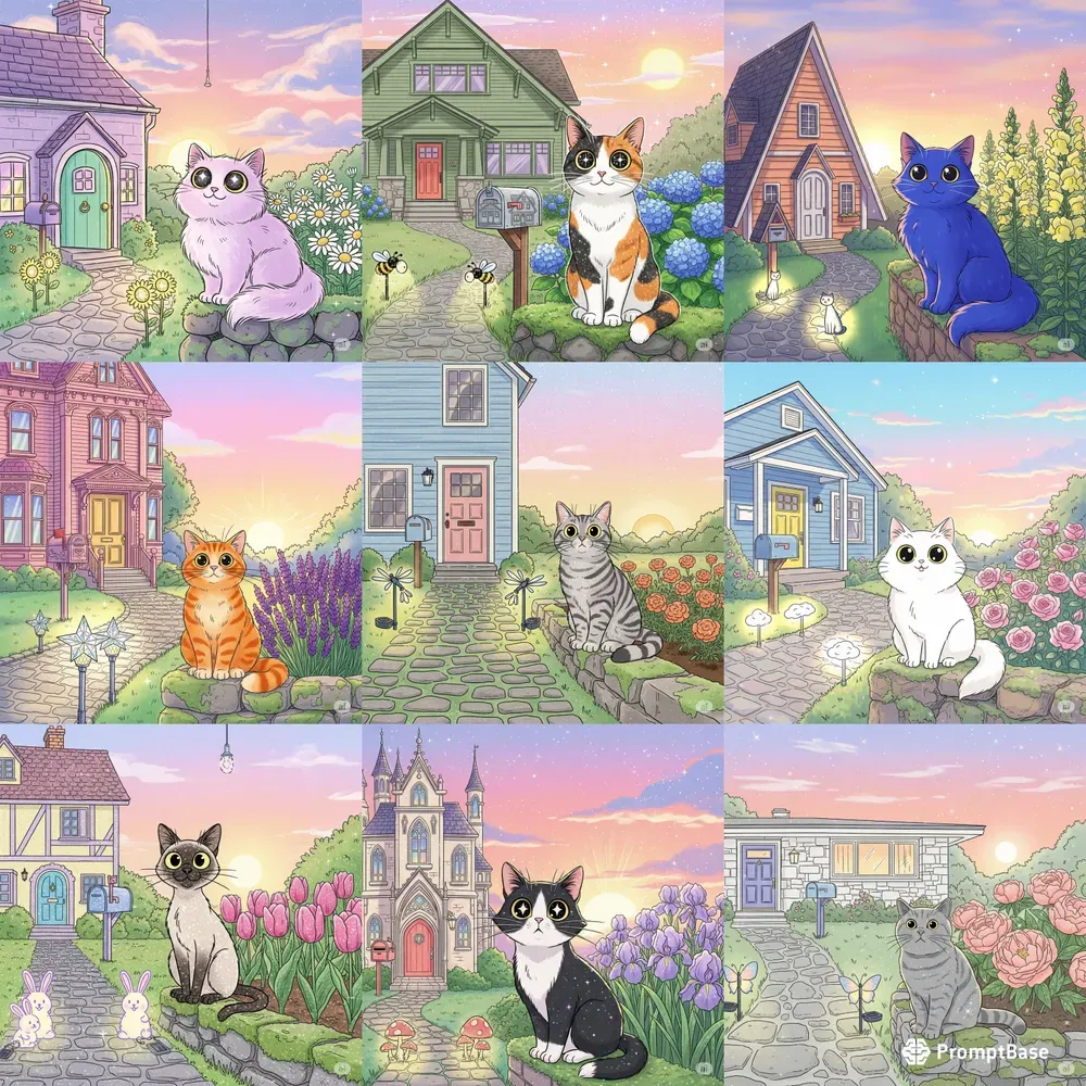 Pastel Porch Paws Sunset Garden Cats