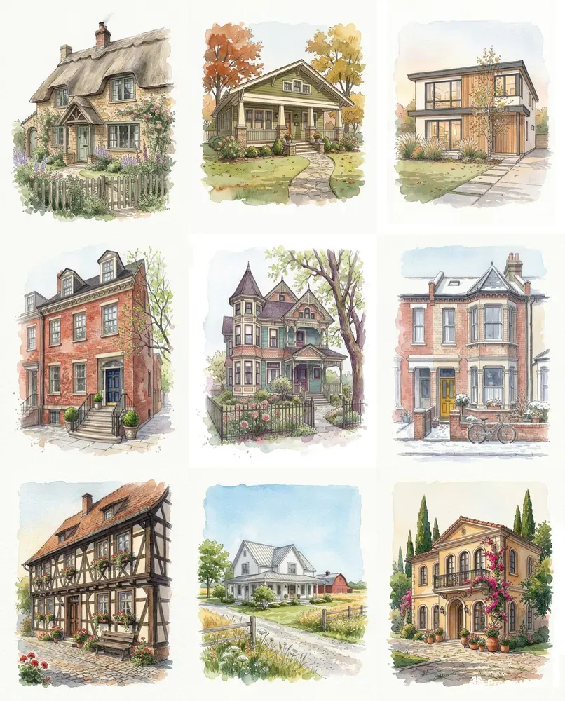 Watercolor Ink House Portraits