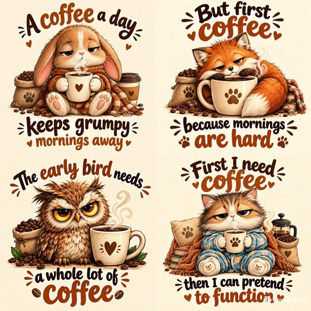 Cute Coffee Animal Quote Illustrations