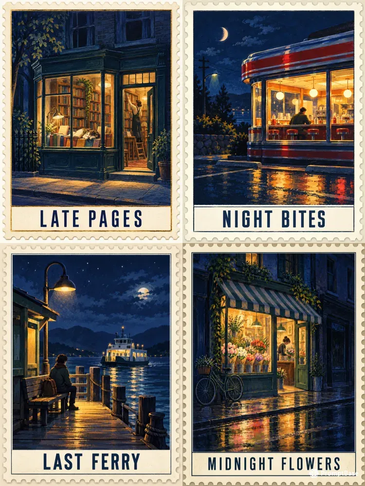 After Hours Illustrated Postage Stamps