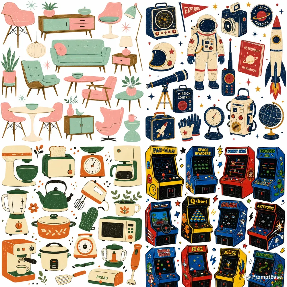 Retro Objects Handdrawn Doodle Art