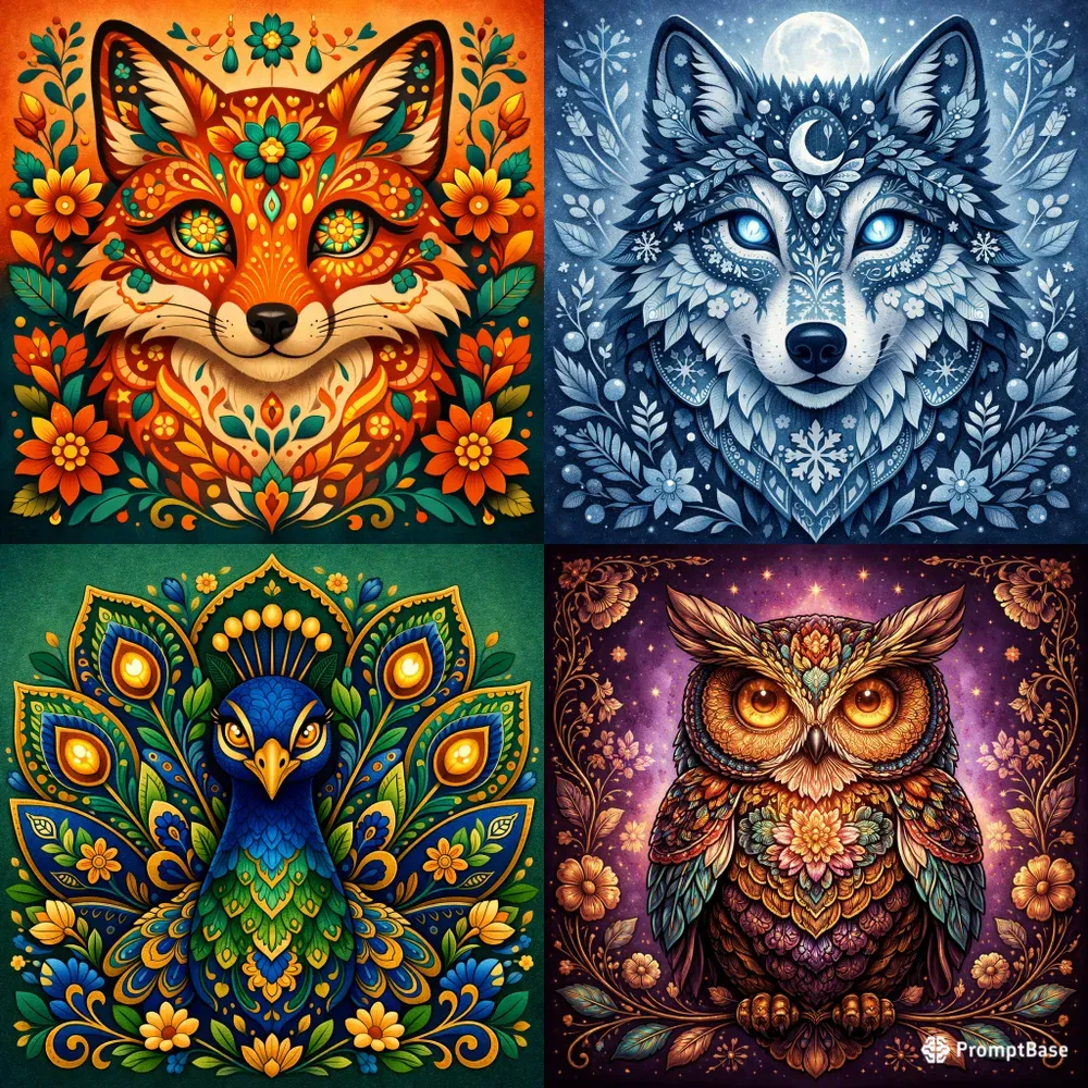 Whimsical Folkart Animal Portraits