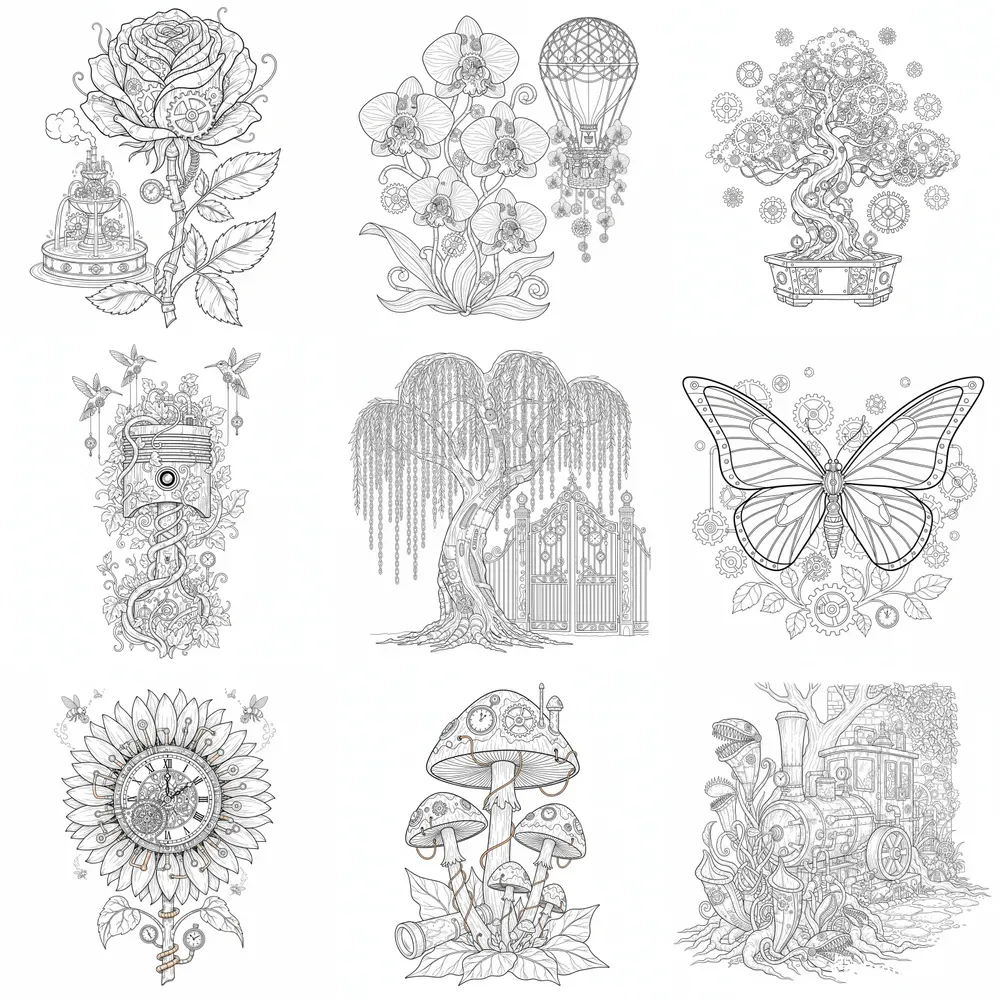 Steampunk Mechanical Garden Coloring