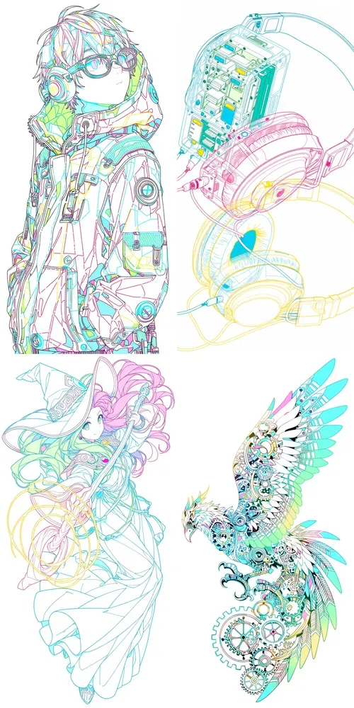 Neon Riso Vector Lineart Anime Style