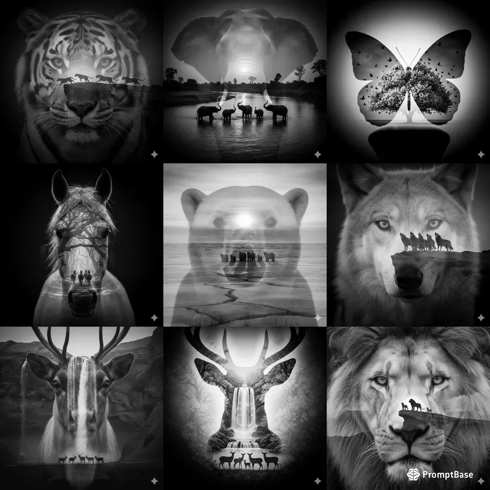 Double Exposure Animal Family Silhouettes