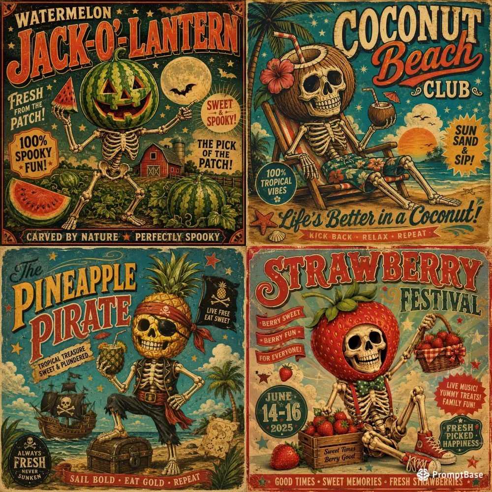 Whimsical Seasonal Skeleton Posters