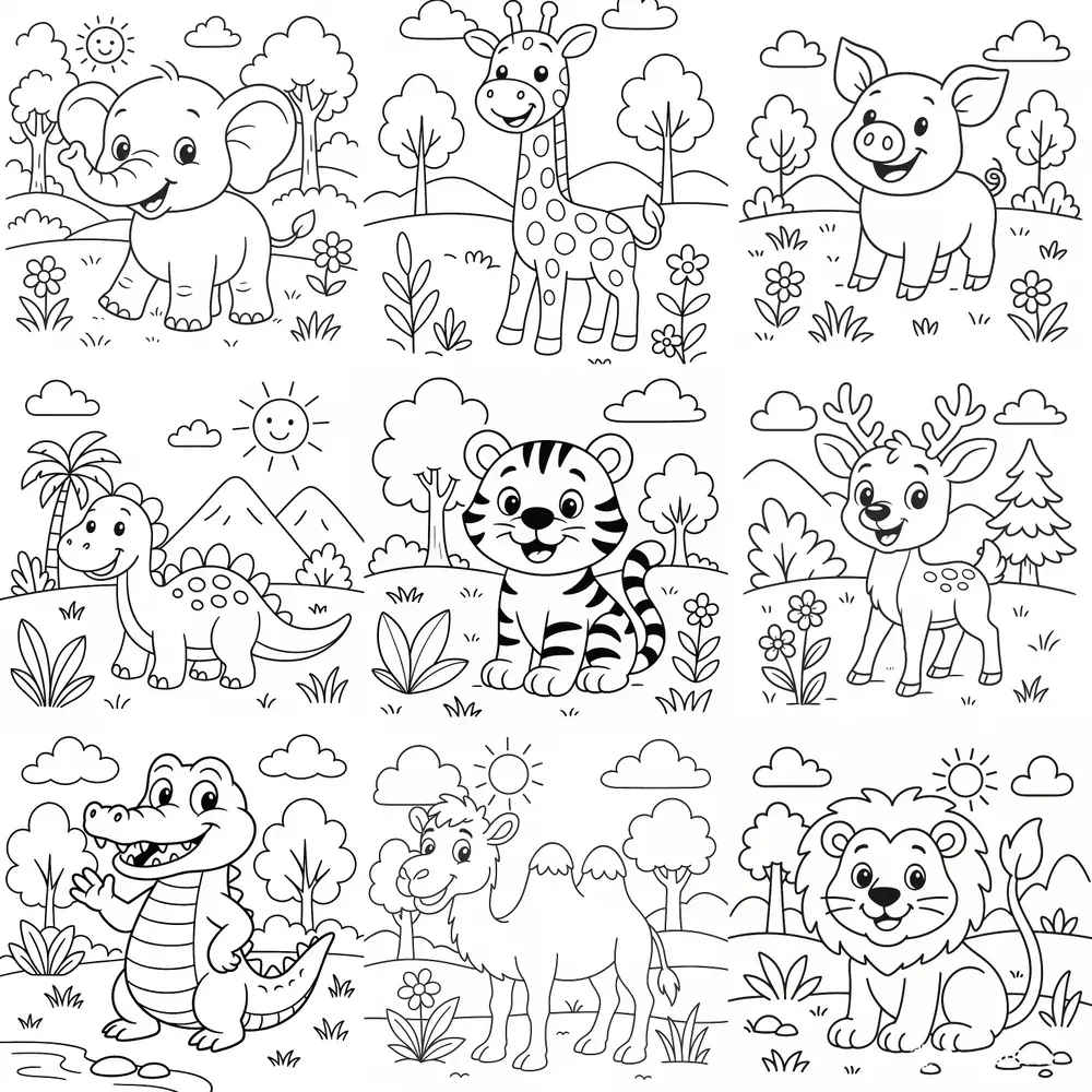 Cartoon Animal Coloring Book Pages