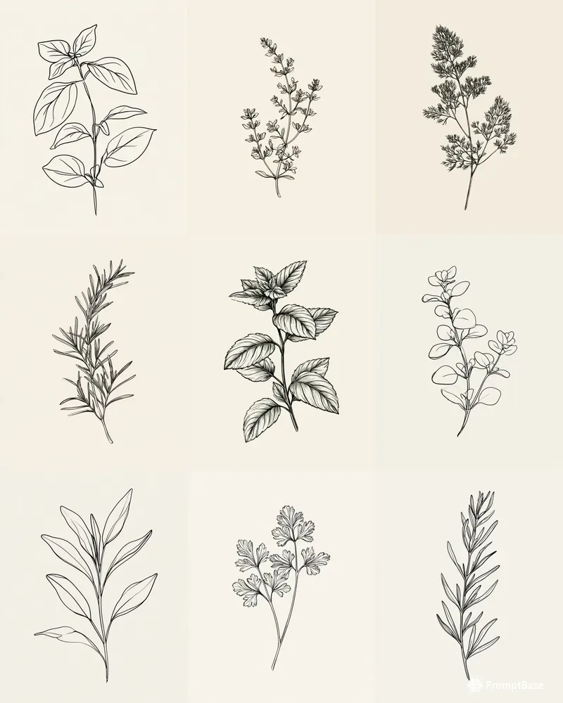 Minimalist Kitchen Herbs Line Art Prints