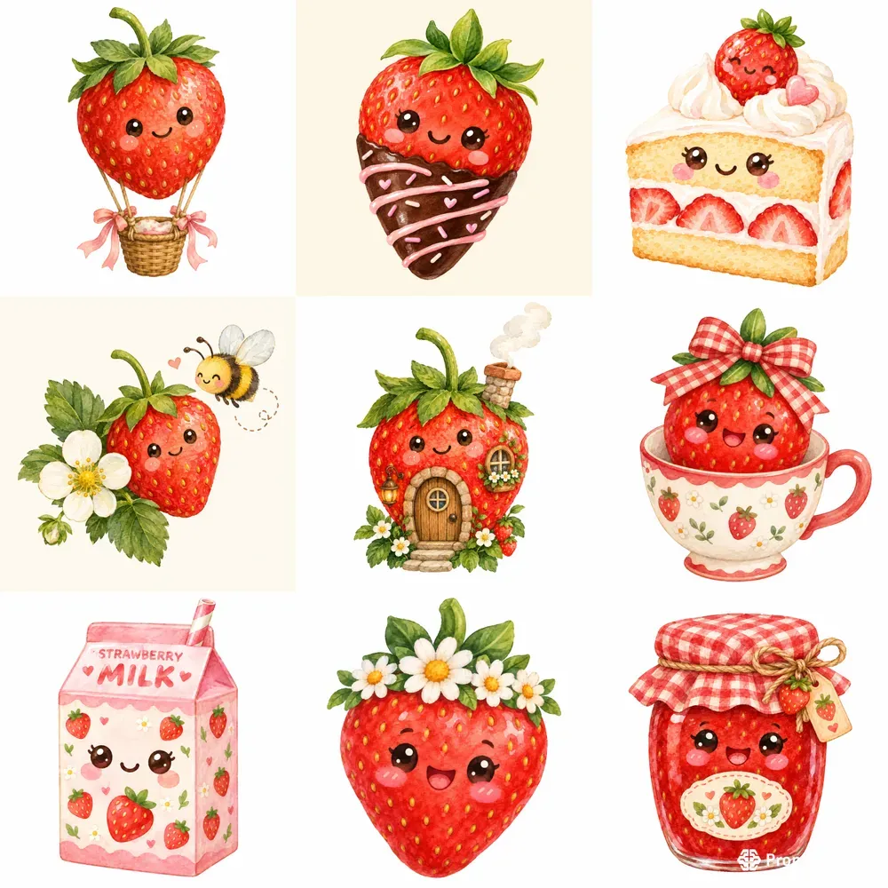 Kawaii Cottagecore Strawberry Cliparts