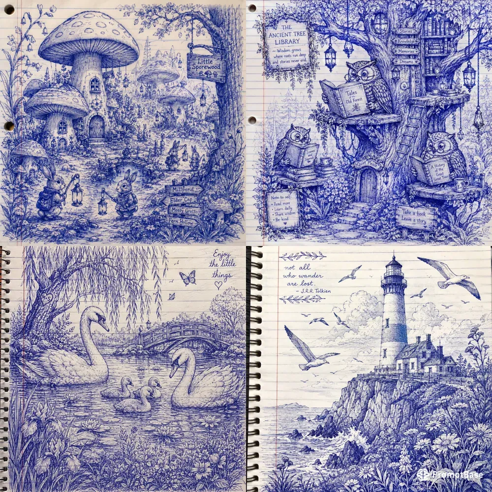 Whimsical Blue Ink Sketch Scene Generator