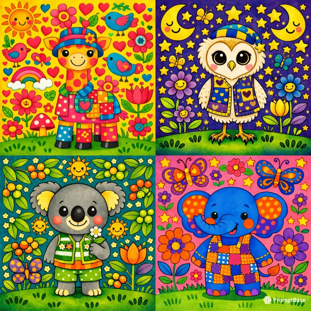 Modern Folk Art Animals Whimsical 2D