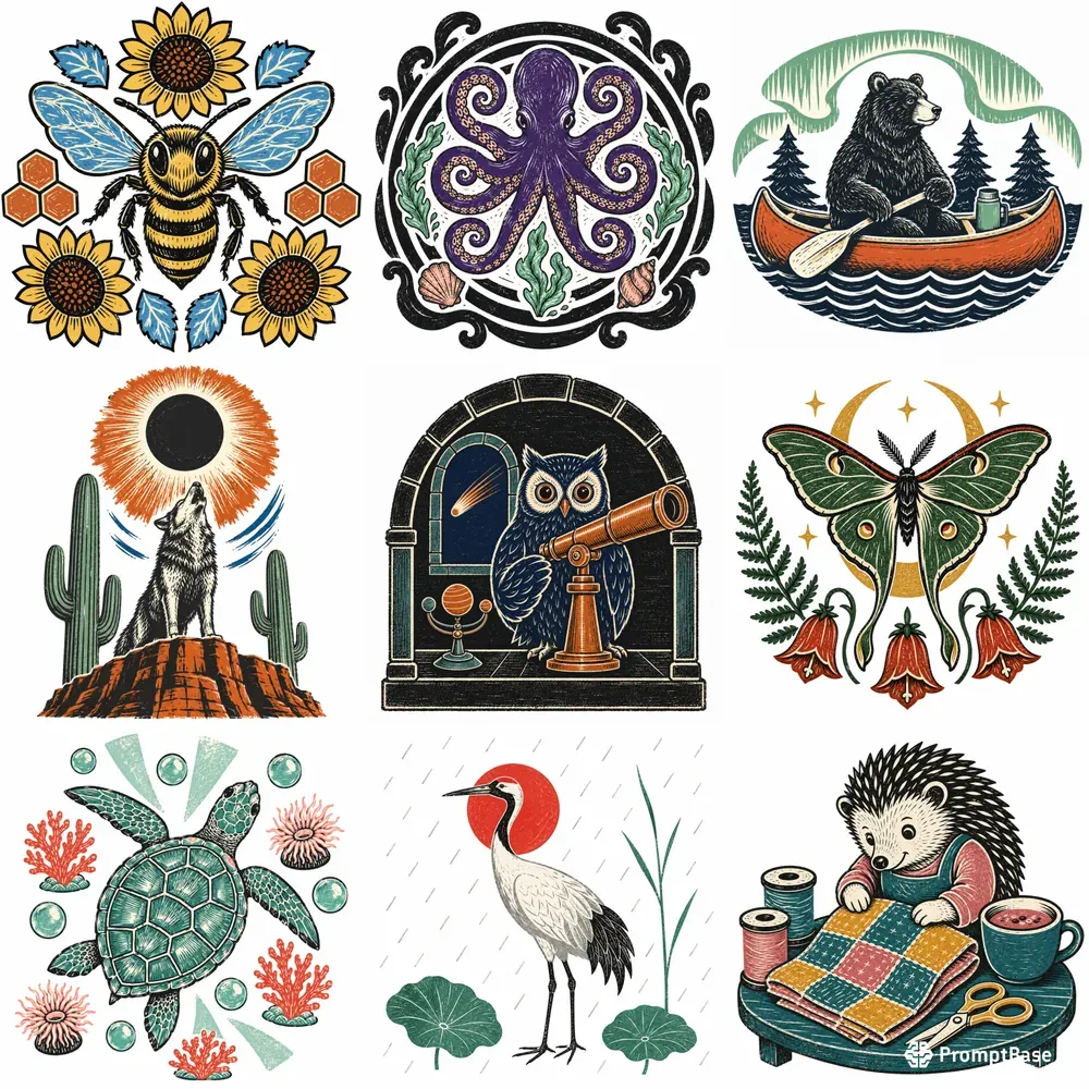 Retro Folk Linocut Animal Badges
