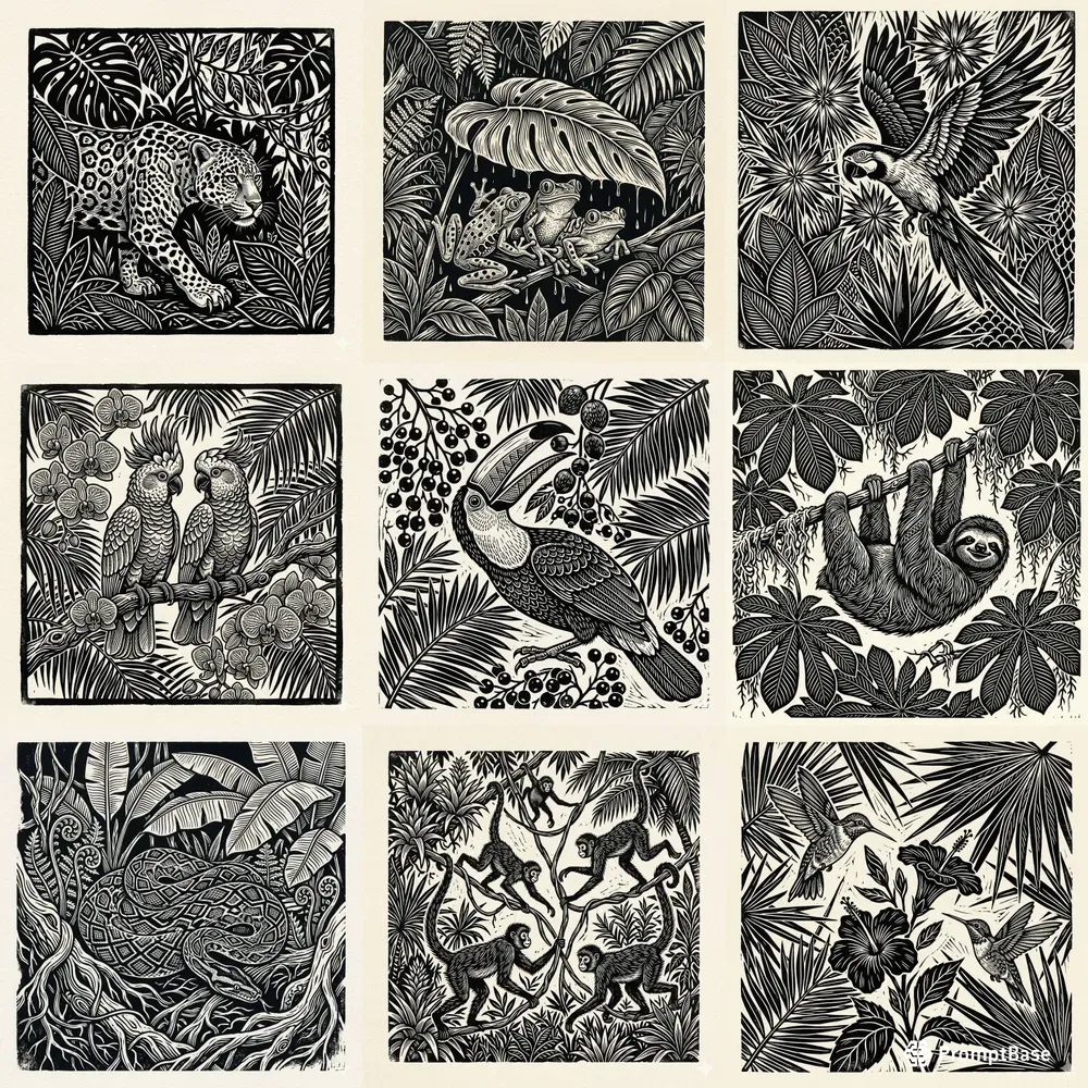 Monochrome Linocut Jungle Botanicals