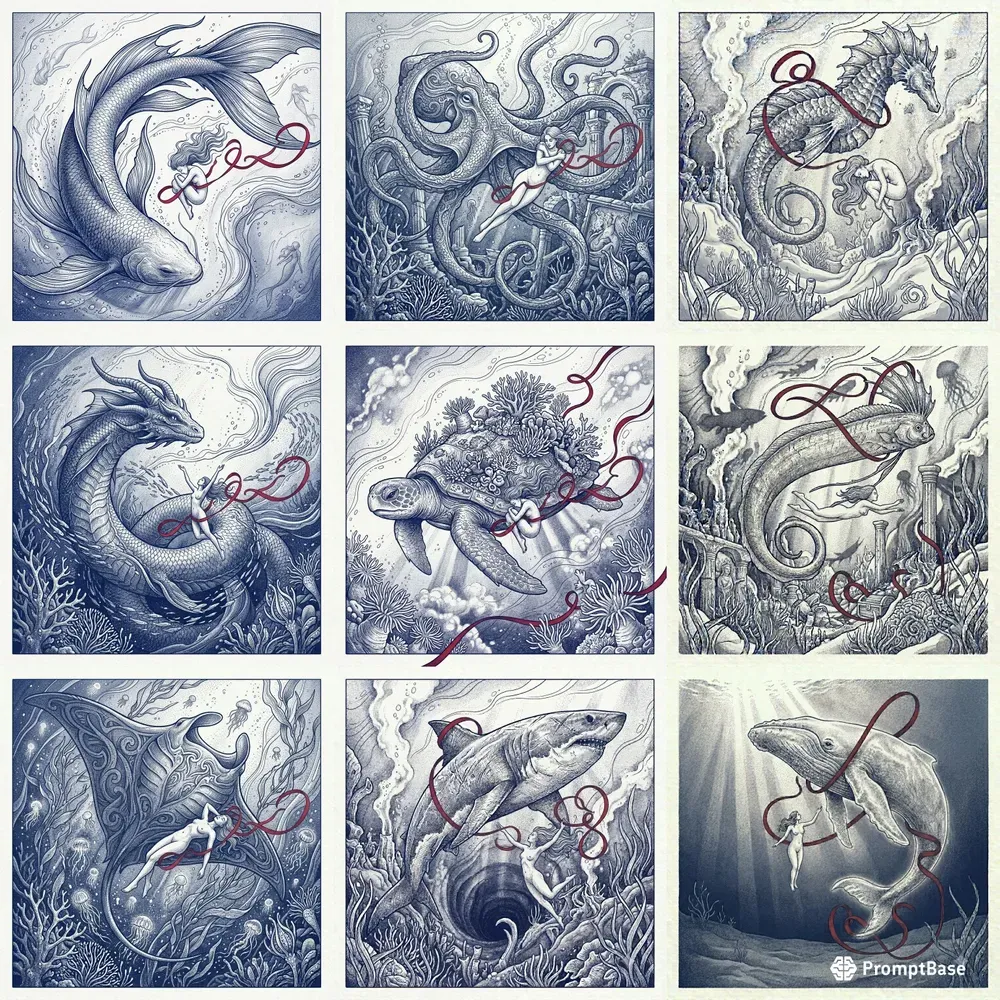 Surreal Monochrome Sea Creature Ink Art