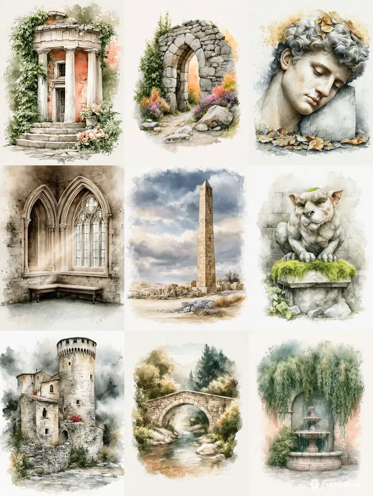 Romantic Watercolor Ruins