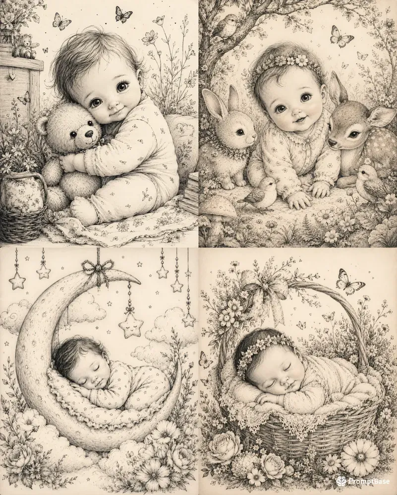 Whimsical Ink Pencil Baby Portraits