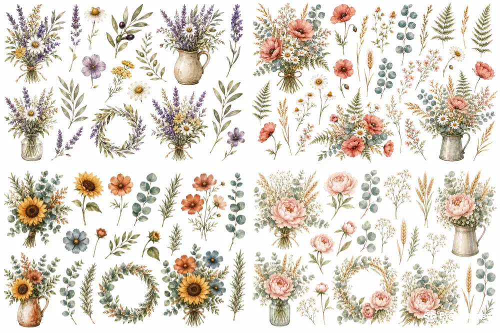 Boho Watercolor Floral Clipart Designs