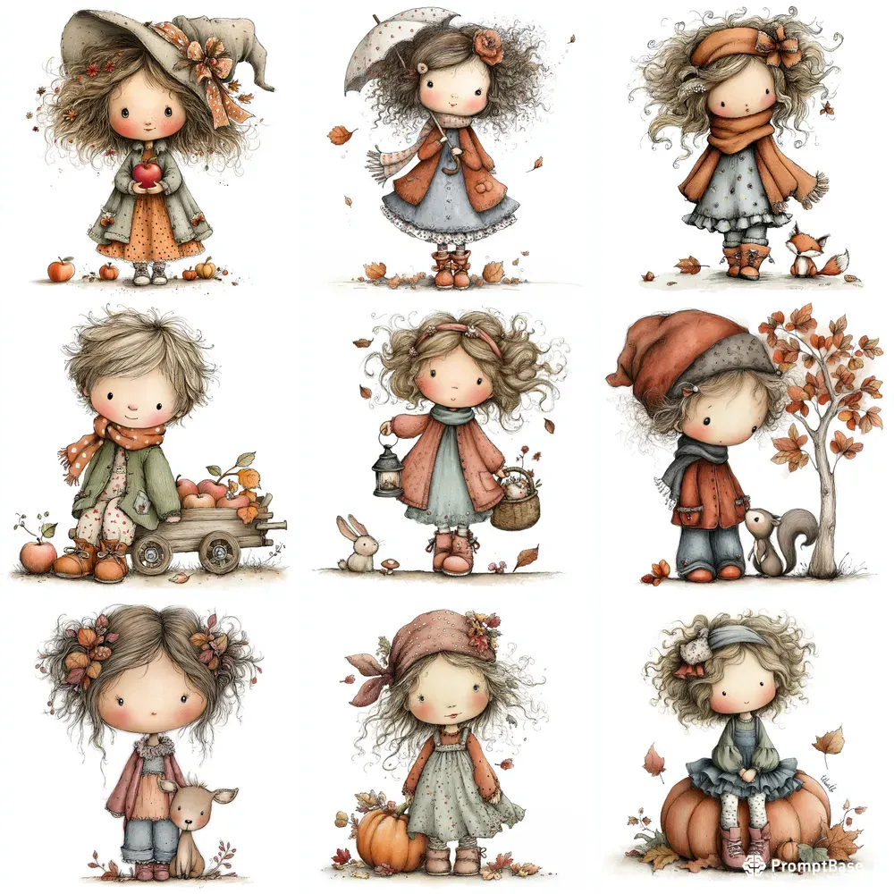 Cozy Fall Kids Clipart Illustrations