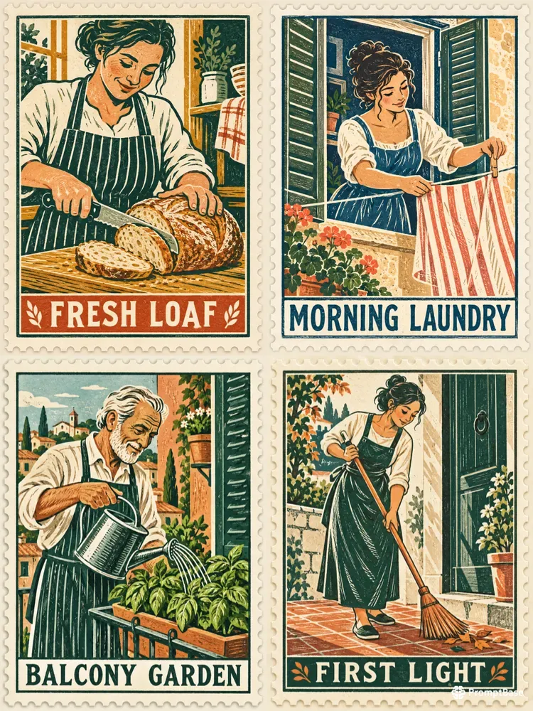 Everyday Ritual Linocut Postage Stamps