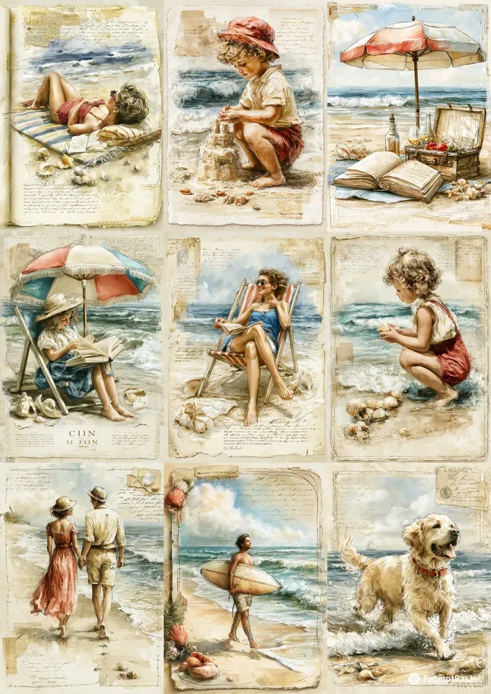 Vintage Beach Scrapbooking Illustrations
