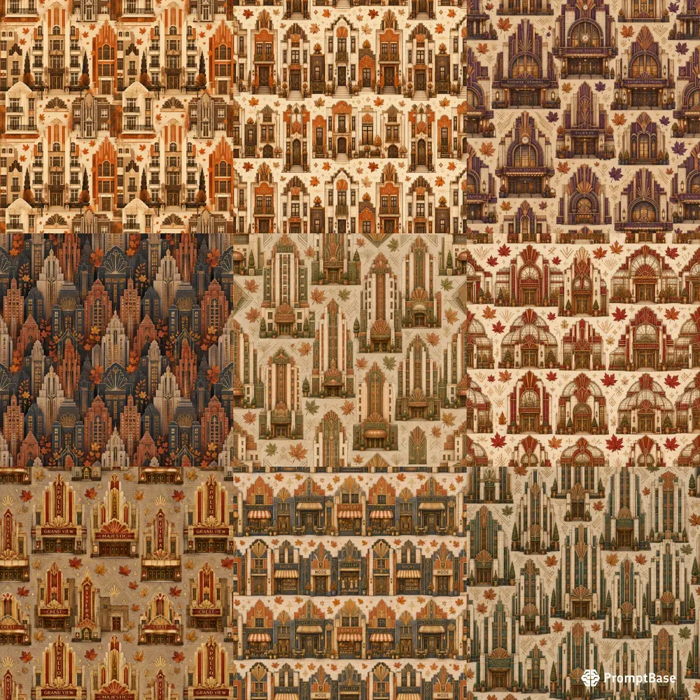 Autumn Art Deco Building Seamless Patterns