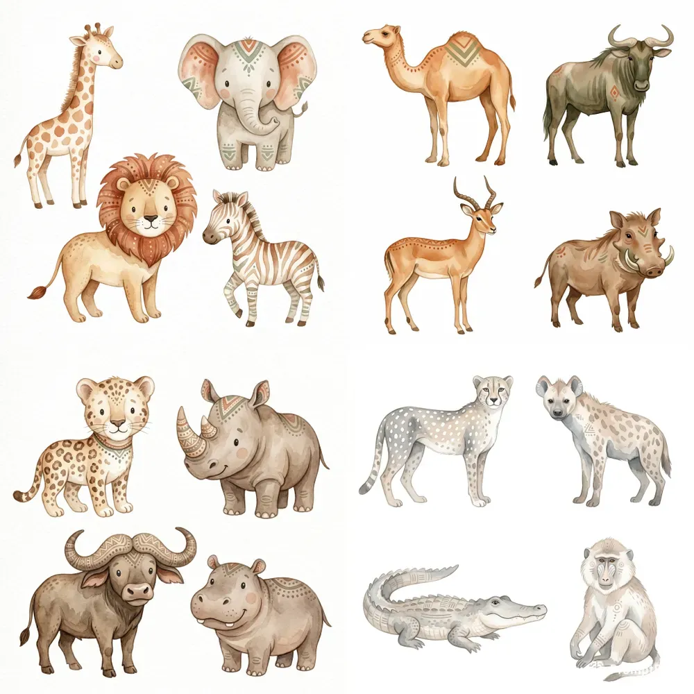 Boho Safari Animals Watercolor Clipart