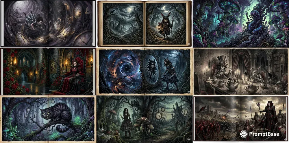 Dark Alice Wonderland Book Spreads