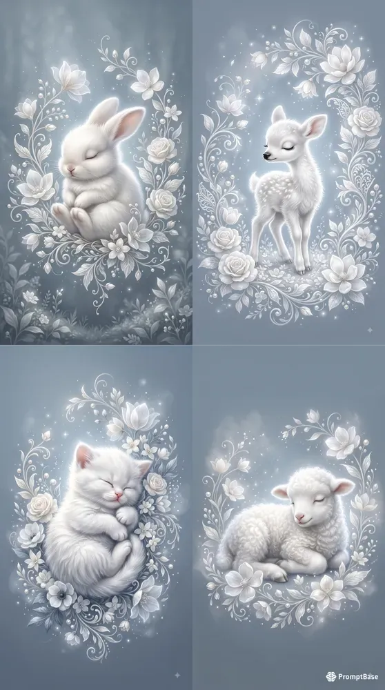 Ethereal White Floral Baby Animals