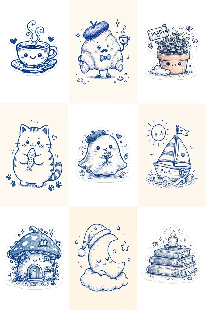 Charming Blue Ink Sticker Illustrations