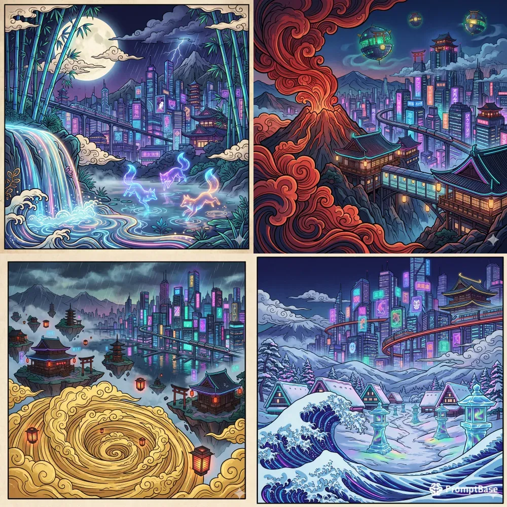 Cyberpunk Ukiyoe Landscapes