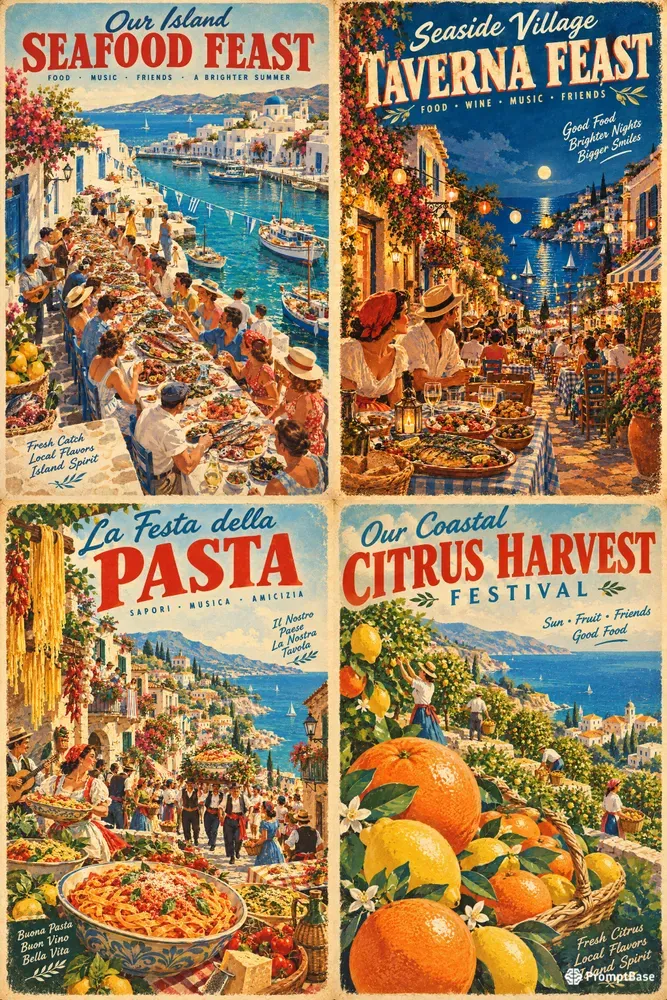 Retro Mediterranean Food Travel Posters