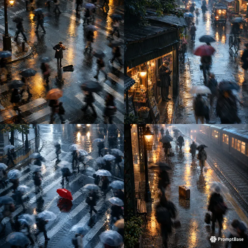 Rainy Crowd Cinematic Solitude Descriptions