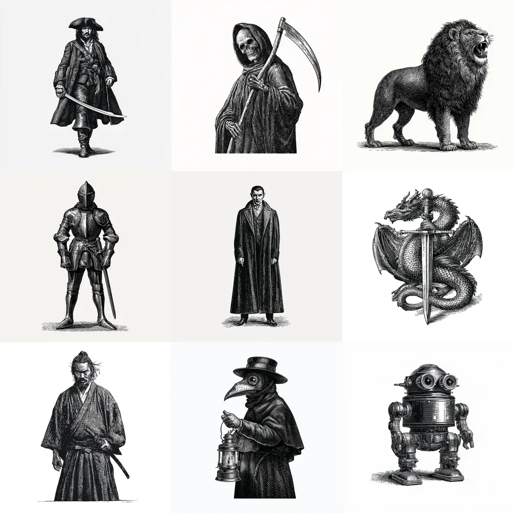 Black Ink Woodcut Character Posters