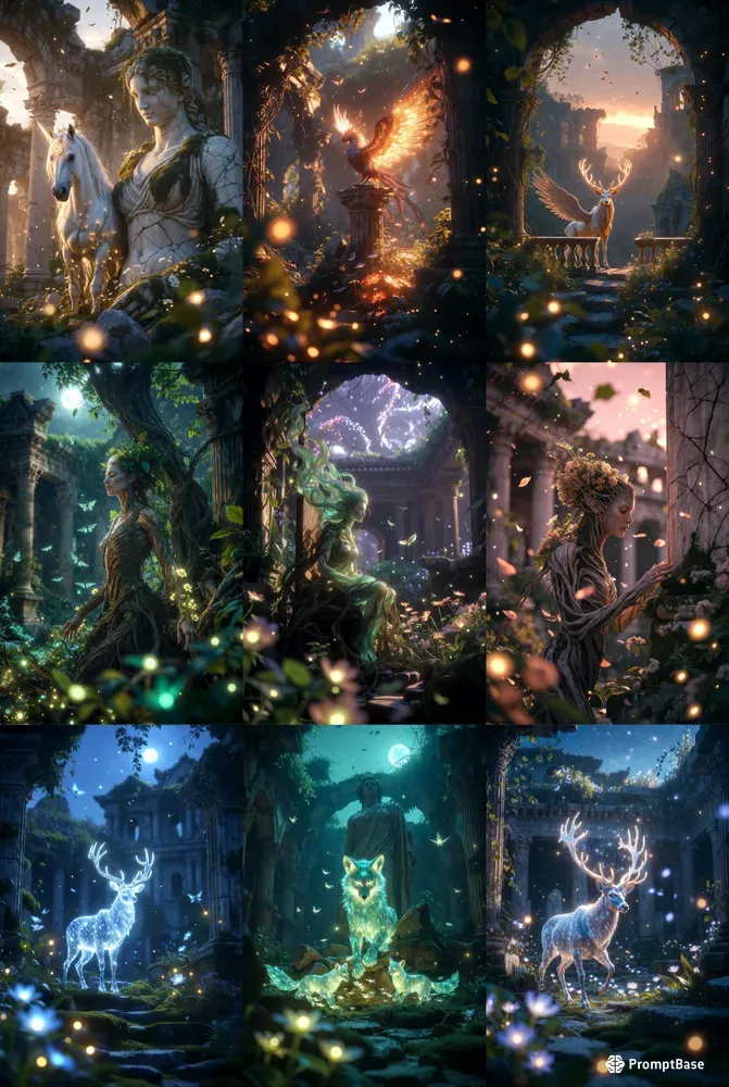 Mystical Creatures In Overgrown Ruins