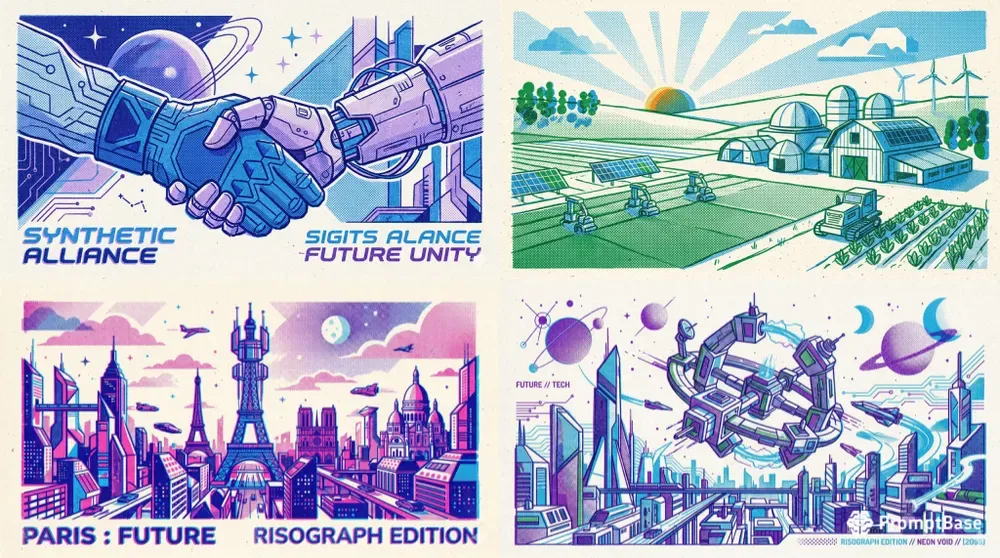 Retrofuturistic Risograph Illustrations