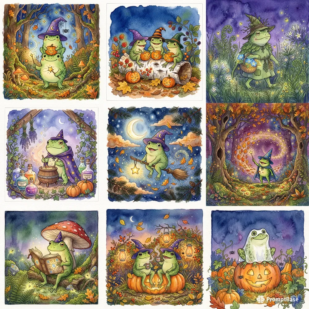 Halloween Frog Watercolor Storybook Art