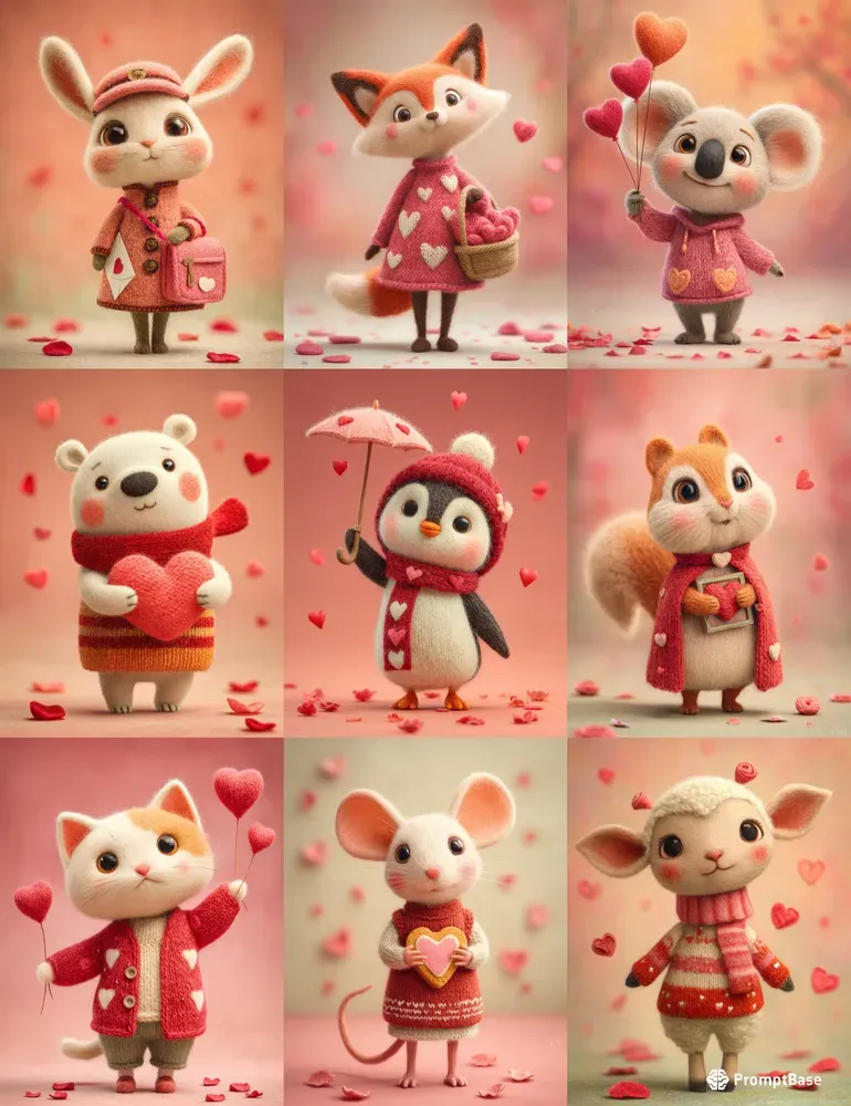 Wool Felt Valentine Animals Clipart
