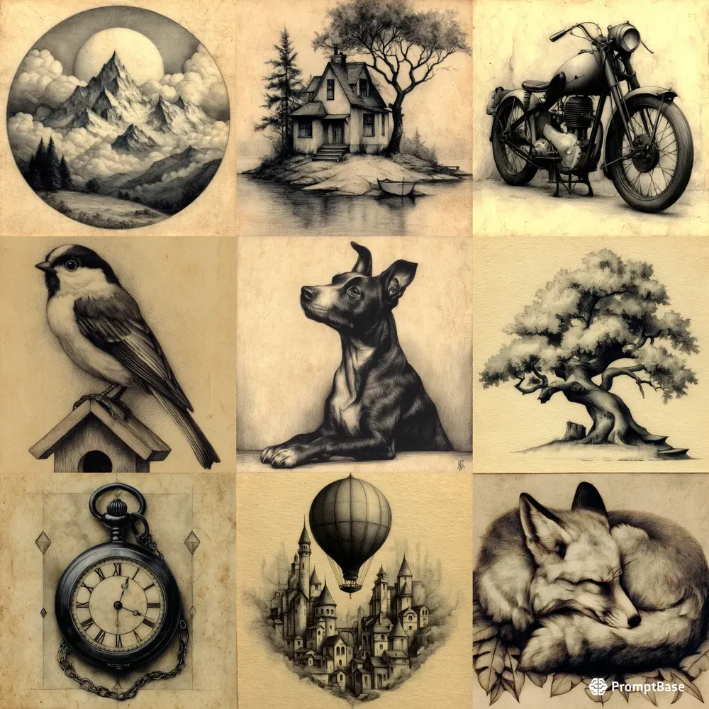 Pencil Sepia Antique Whimsical Studies