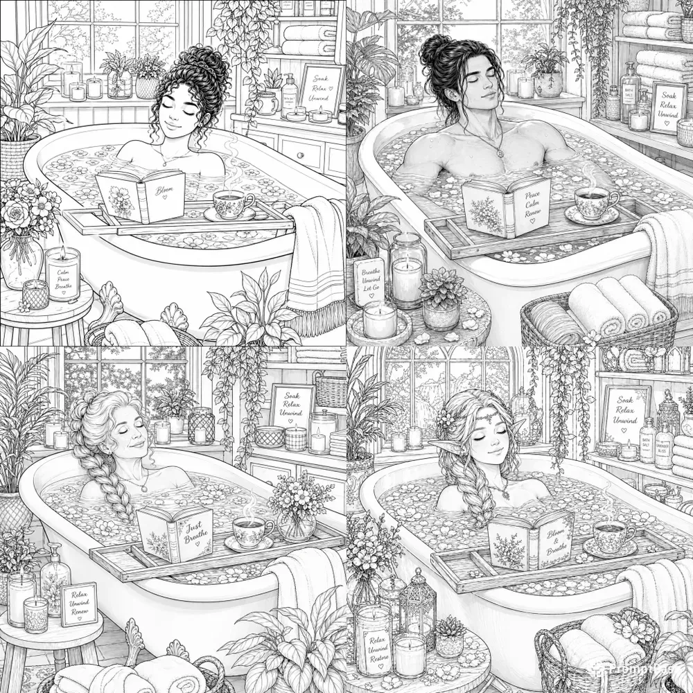 Relaxing Spa Bath Coloring Art Scenes