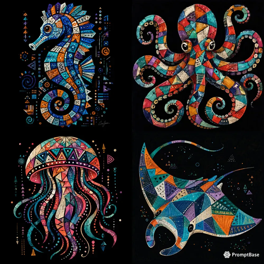 Abstract Mosaic Sea Creatures