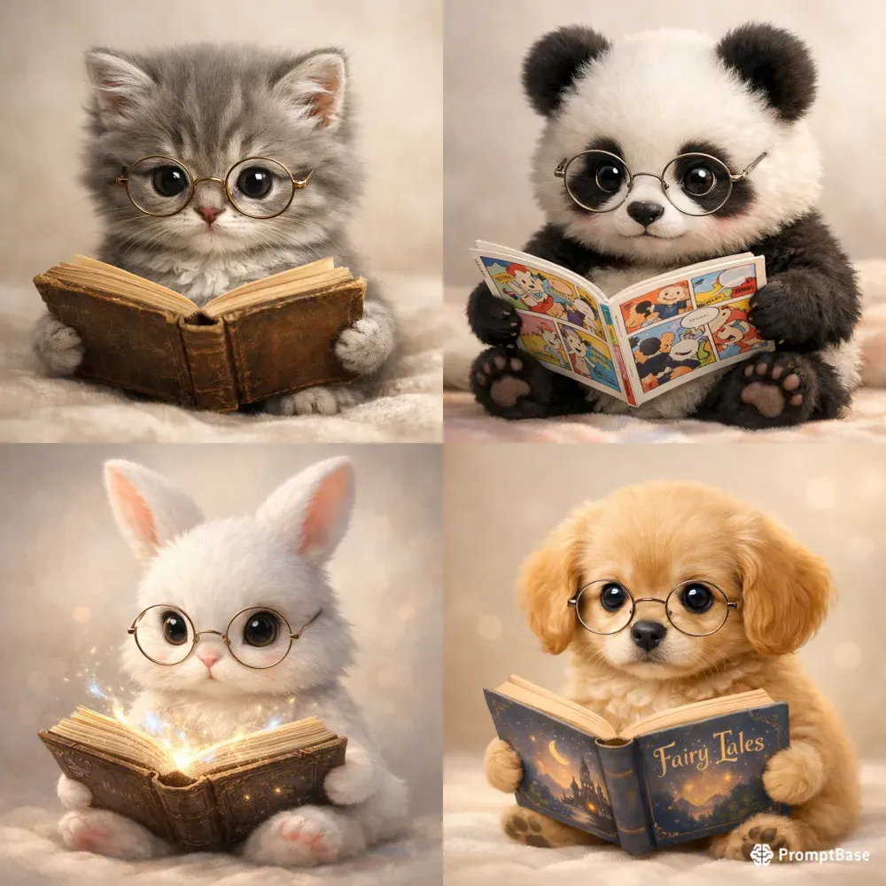 Cute Animals Reading Books