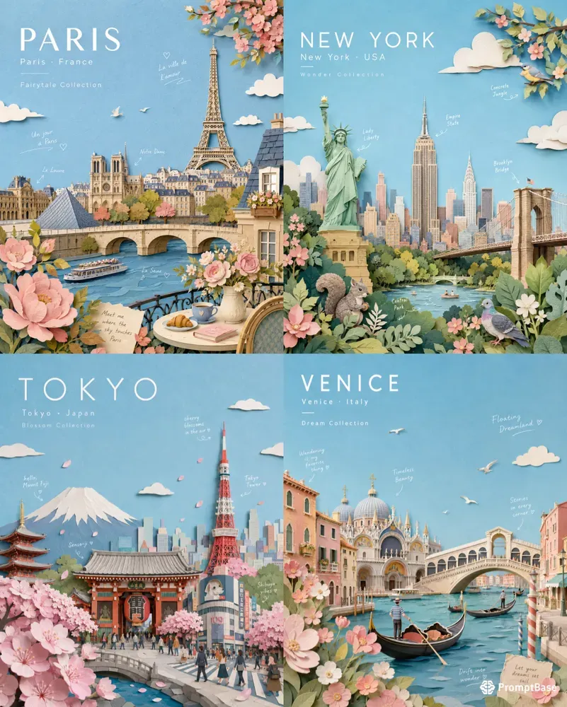 3D Paper Collage Travel Posters