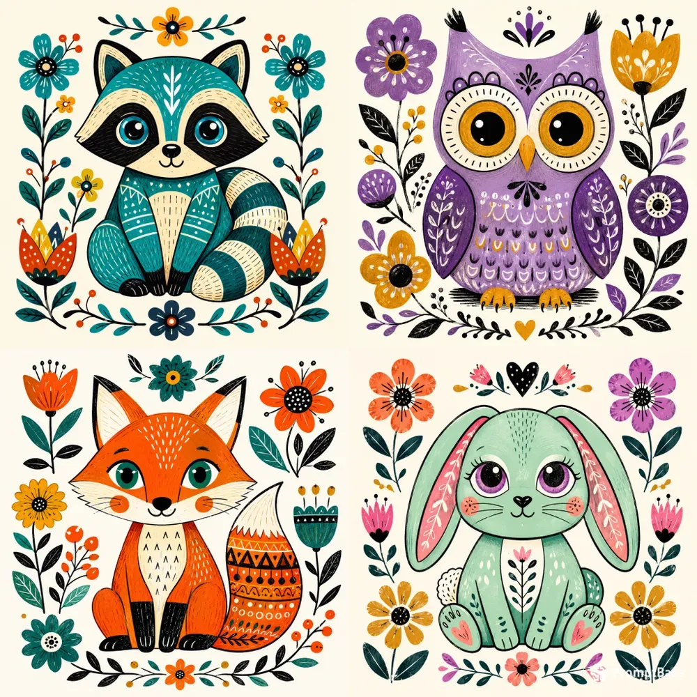 Whimsical Folk Animal Characters