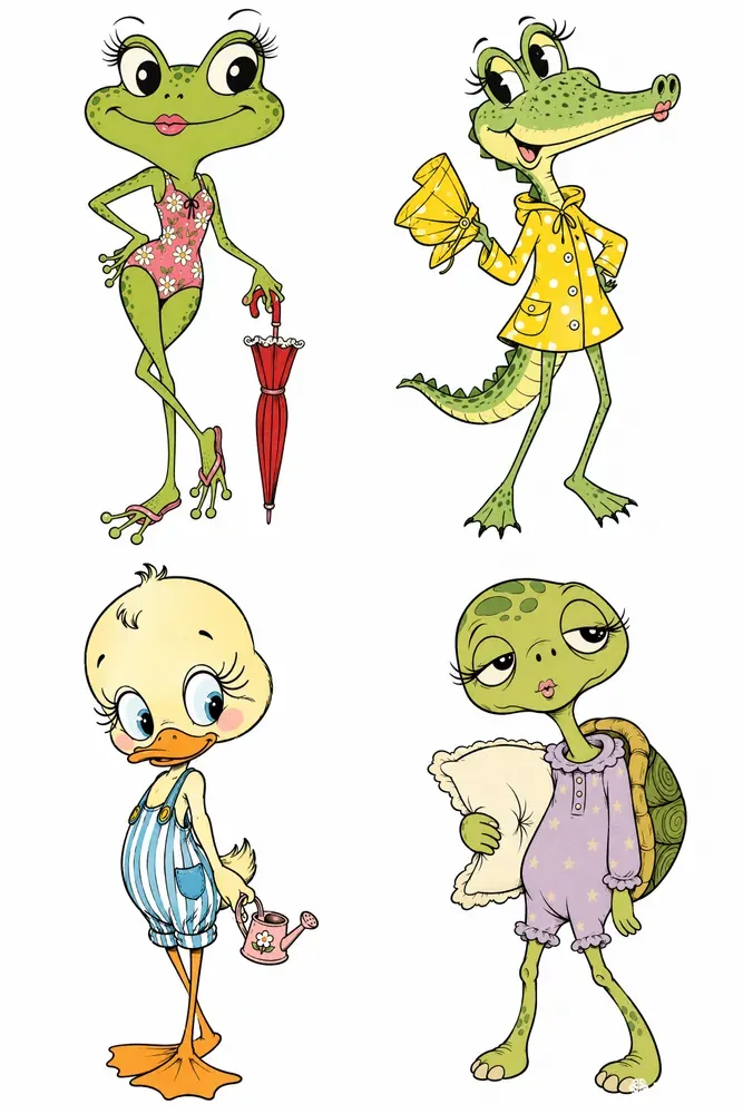 Whimsical Cartoon Animal Poses
