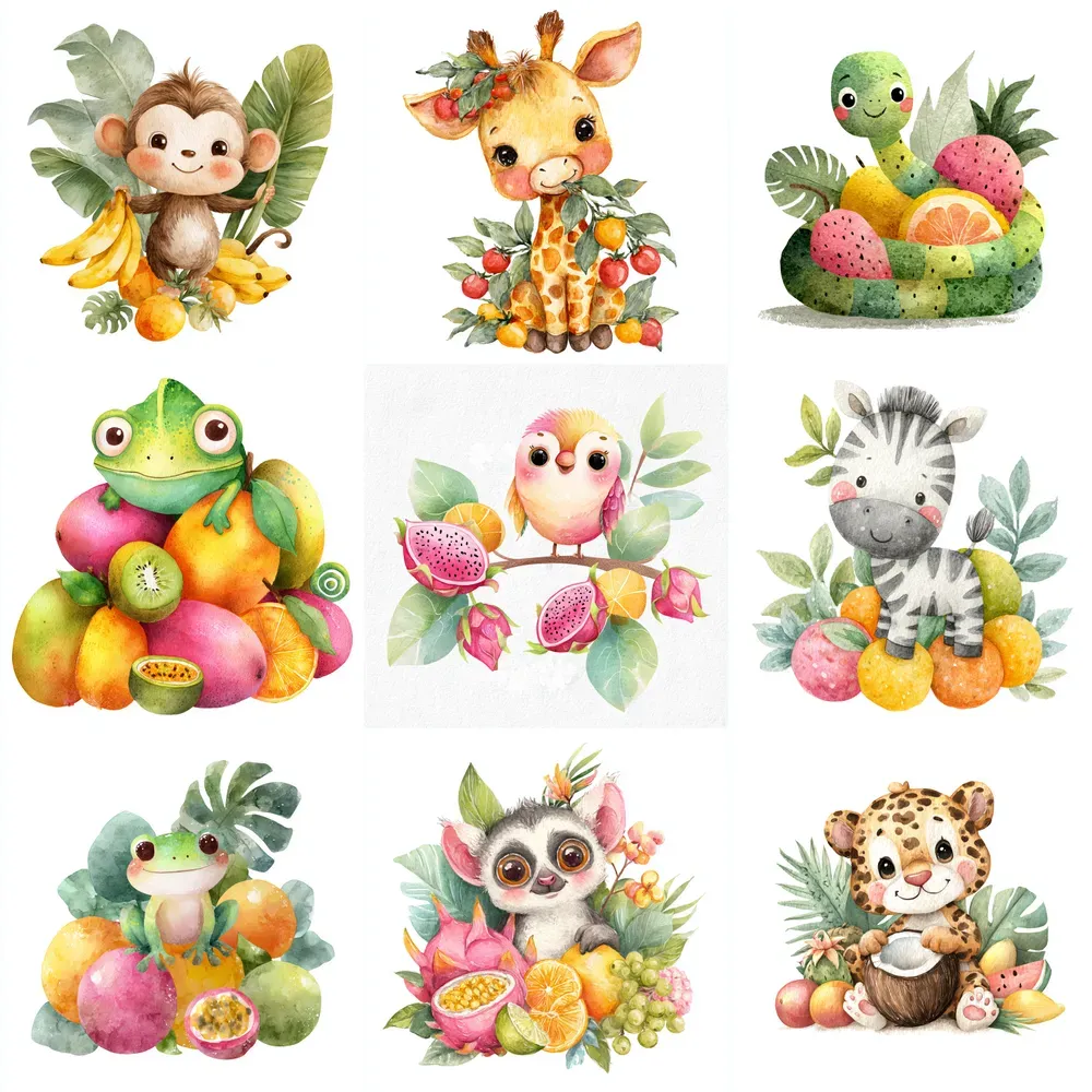 Cute Jungle Animal Fruit Watercolors