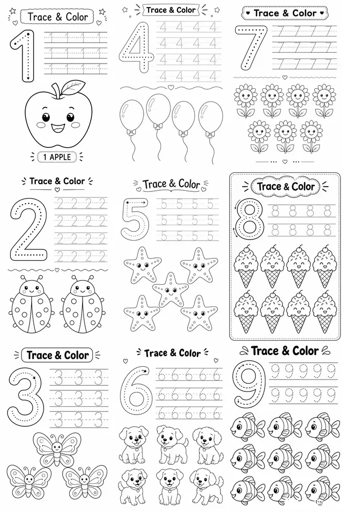 Premium Number Trace Color Worksheets
