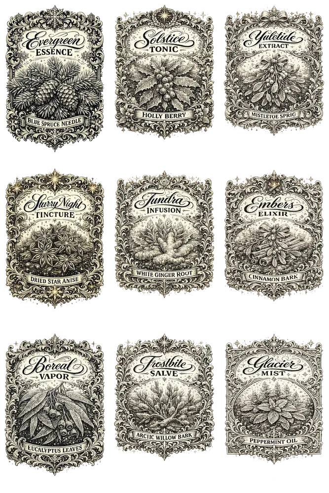 Antique Winter Apothecary Label Designs
